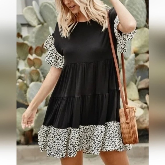 Women's BLACK LEOPARD ANIMAL PRINT TIERED CONTRAST BOHO DRESS‎ tunic size 3X new - Picture 1 of 12